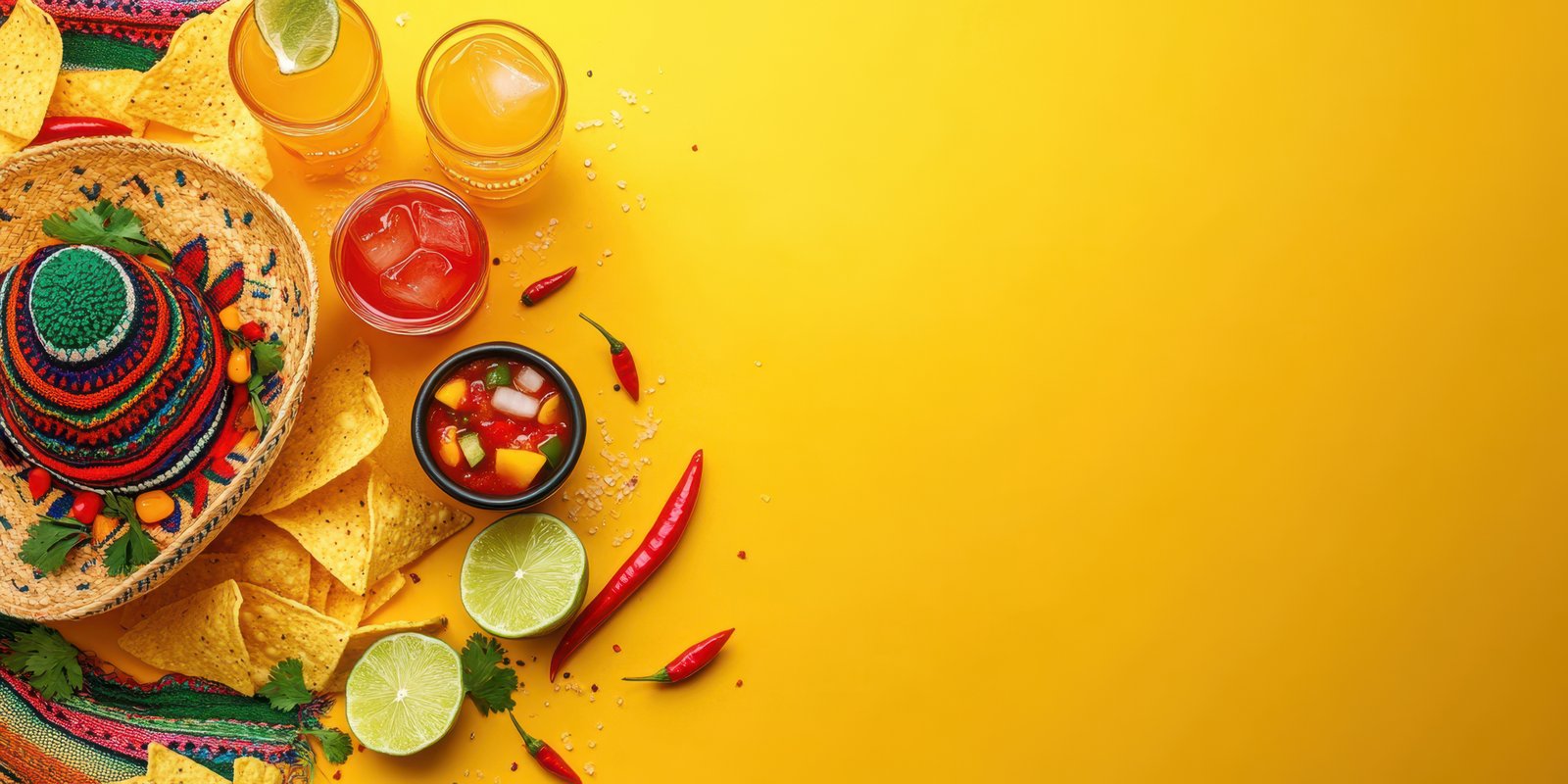 Festive table with nachos, drinks, and salsa on a bright yellow background ready for a celebration